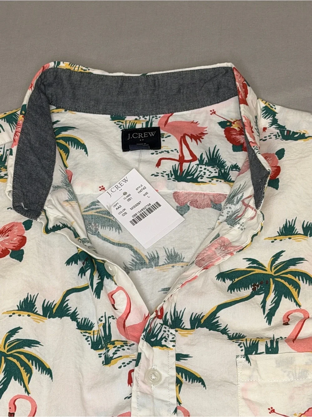 J. Crew White Short-Sleeve Shirt with Pink Flamingo & Green Palm Print